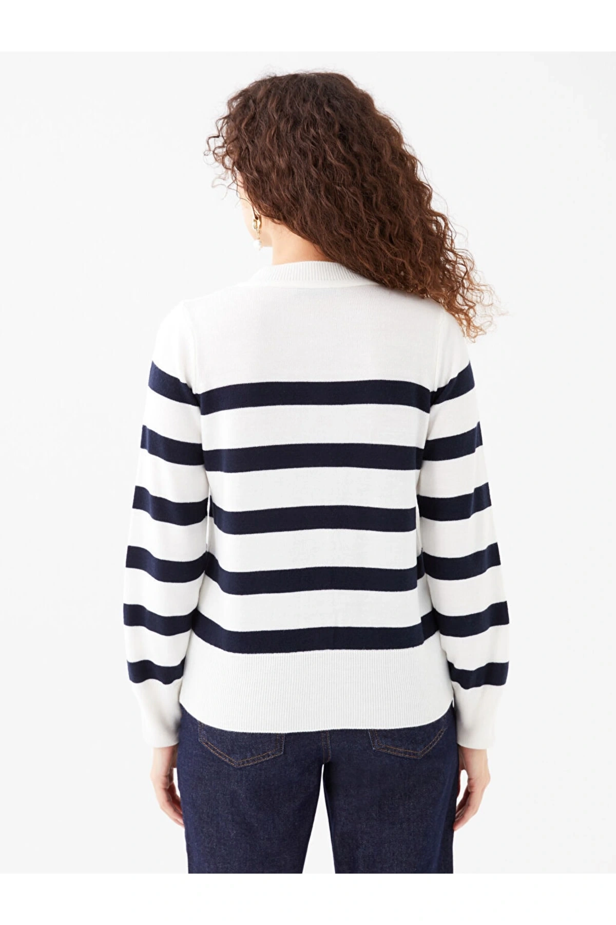 Bisiklet Yaka Çizgili Uzun Kollu Kadın Triko Hırka