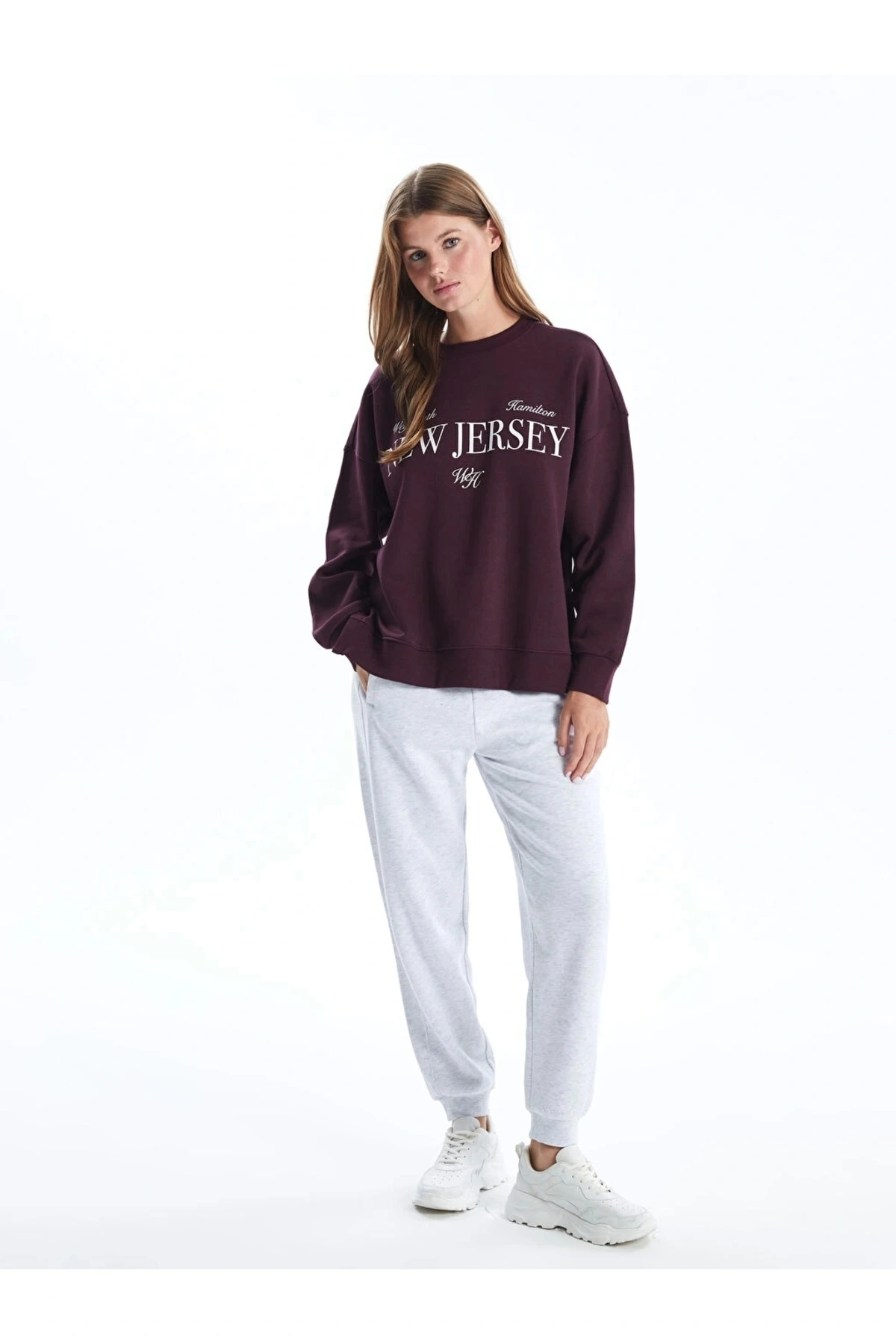 LCW Vision Mürdüm Bisiklet Yaka Baskılı Oversize Kadın Kalın Sweatshirt