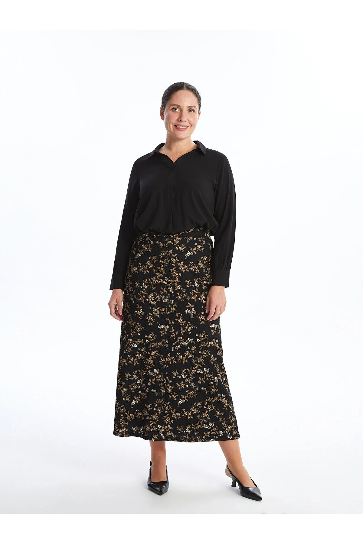 LCW Grace Siyah Beli Lastikli Çiçekli A Kesim Kadın Etek