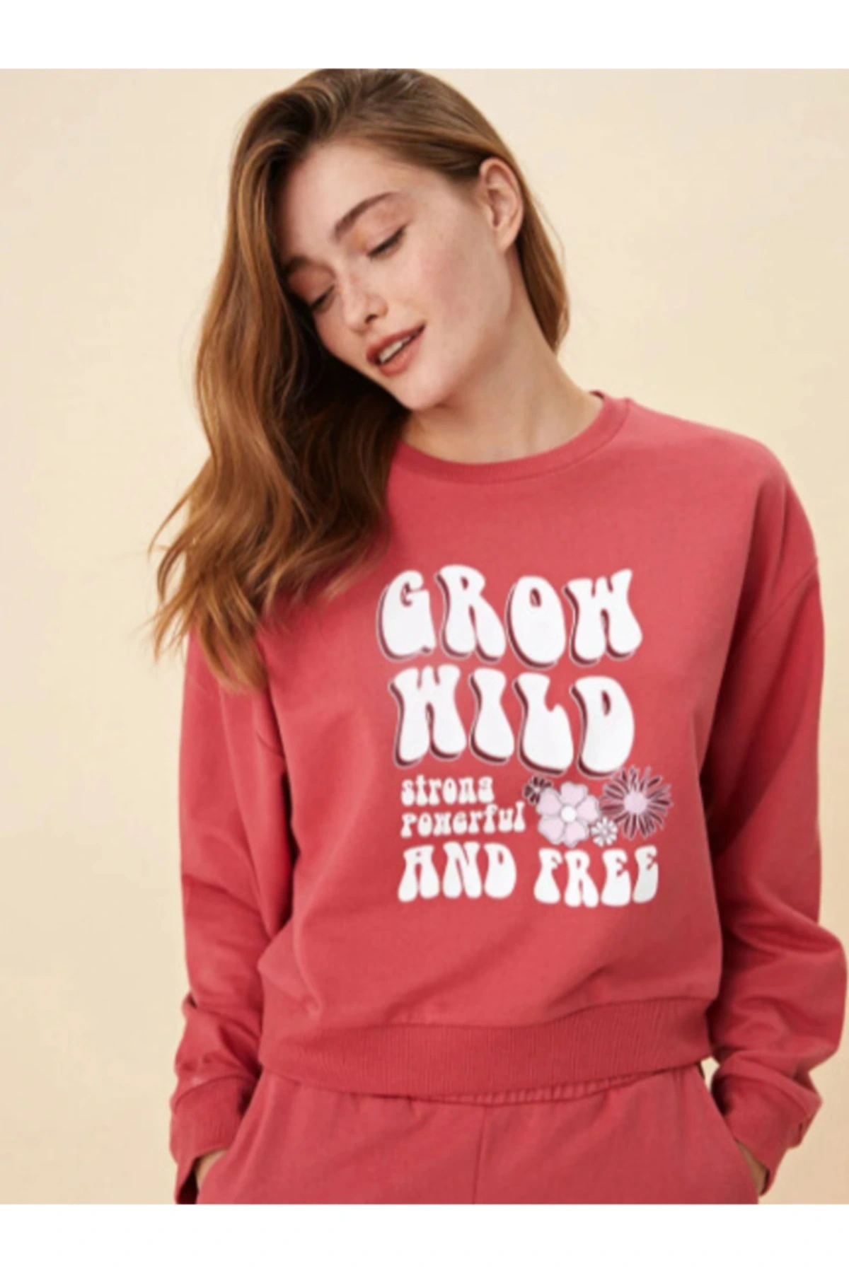 Bisiklet Yaka Baskılı Uzun Kollu Kadın Sweatshirt