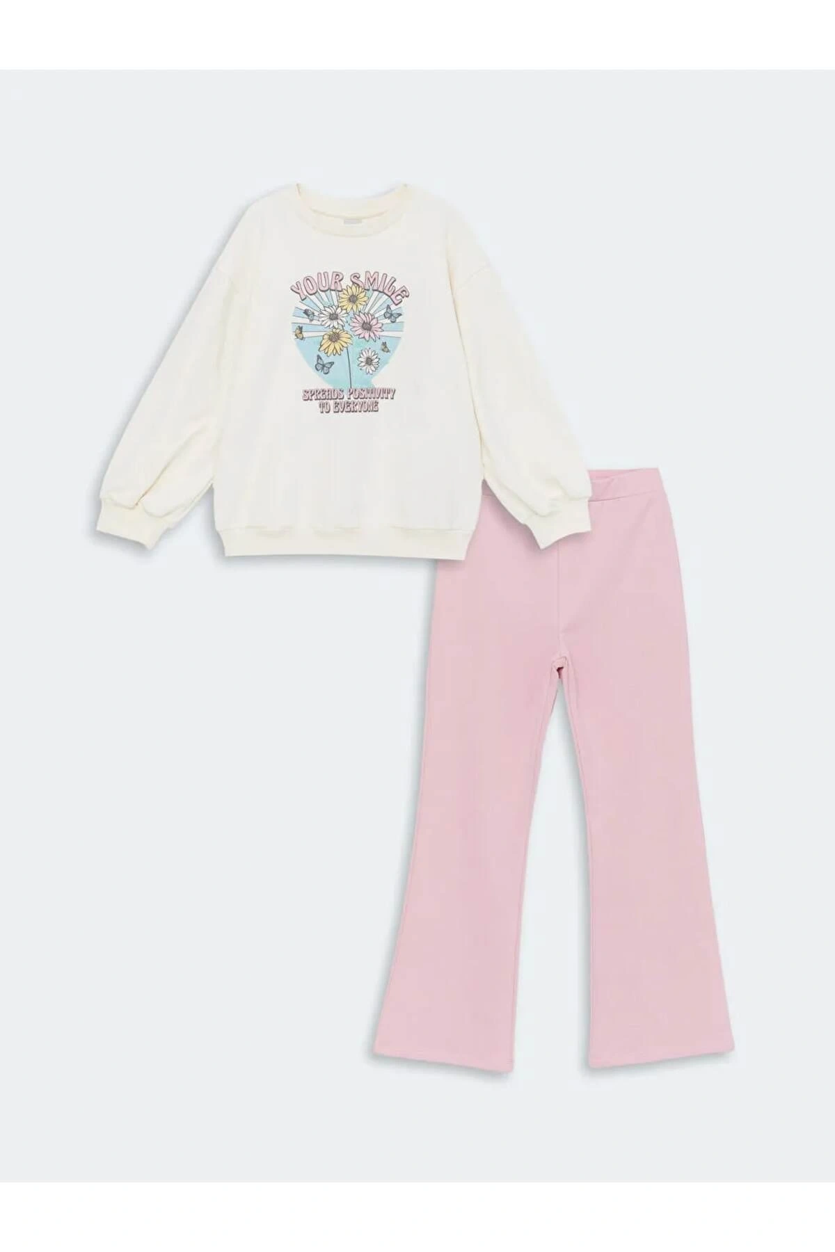 LCW Kids Ekru Bisiklet Yaka Baskılı Uzun Kollu Kız Çocuk Sweatshirt ve Tayt