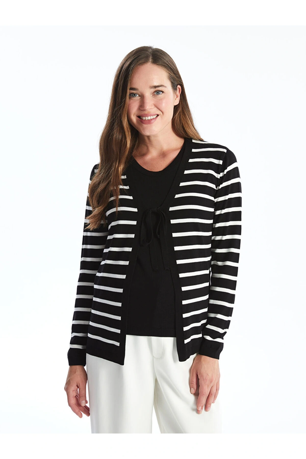 V Yaka Çizgili Uzun Kollu Hamile Triko Hırka ve Süveter Takım