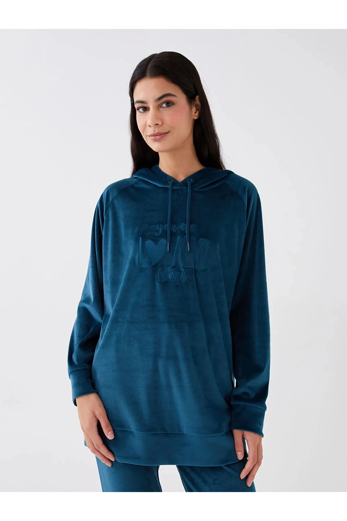 DREAM Kapüşonlu Nakışlı Uzun Kollu Kadife Kadın Pijama Üst Sweatshirt