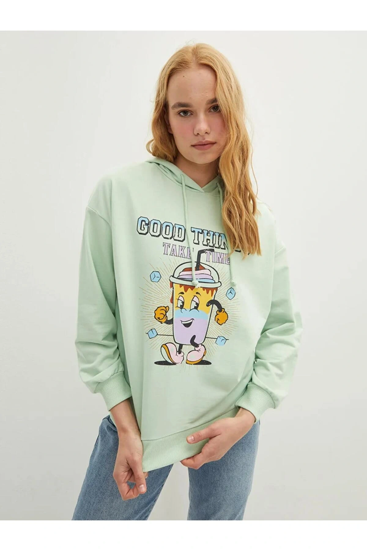 LCW Vision Yeşil Kapüşonlu Baskılı Uzun Kollu Kadın Sweatshirt