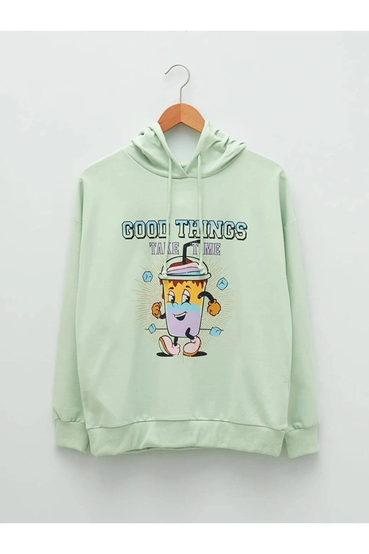 LCW Vision Yeşil Kapüşonlu Baskılı Uzun Kollu Kadın Sweatshirt