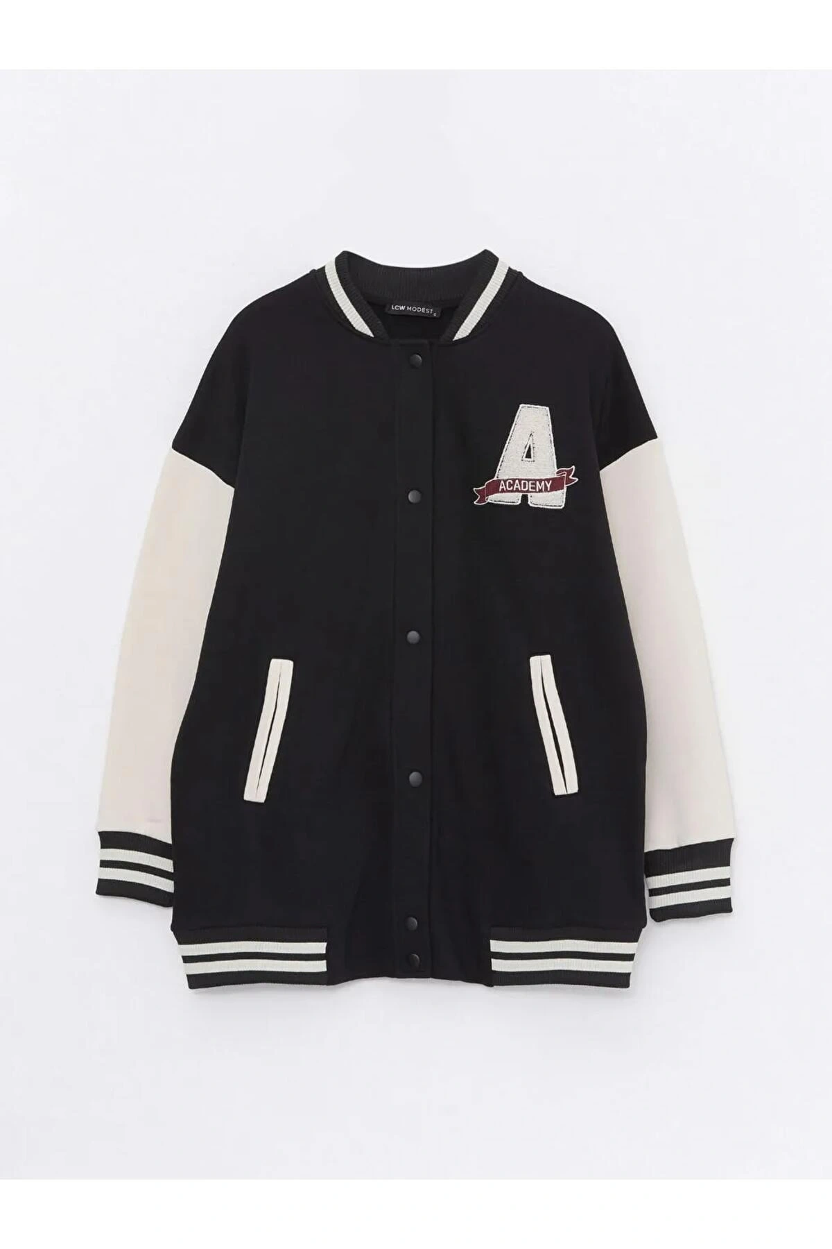 LCW Modest Siyah Bomber Yaka Nakışlı Kadın Kolej Ceket