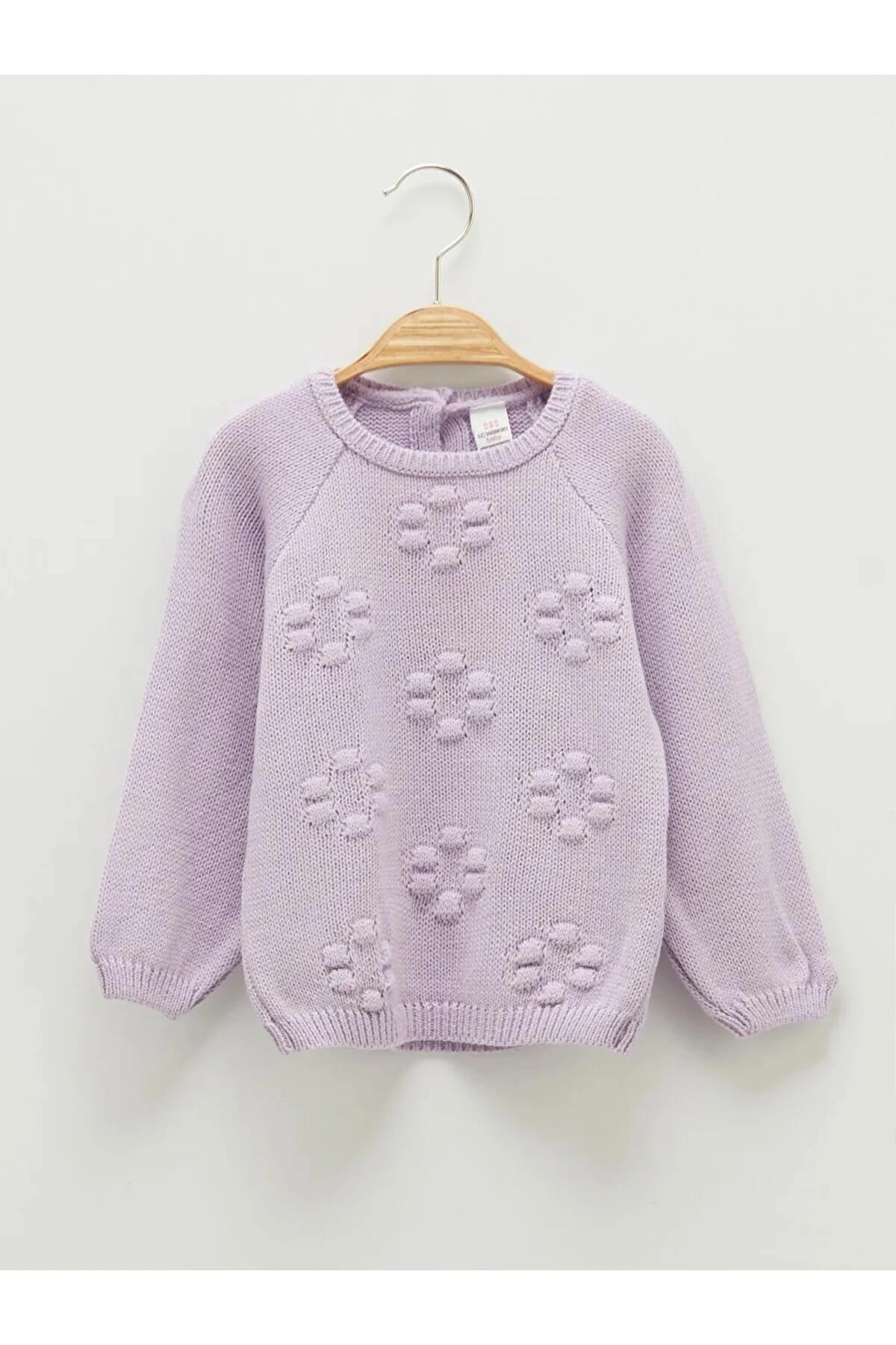 LCW ECO Lila Bisiklet Yaka Uzun Kol Kendinden Desenli Kız Bebek Triko Kazak