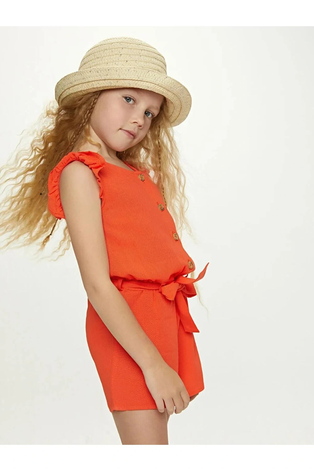 LCW Kids Turuncu Bisiklet Yaka Basic Kısa Kollu Viskon Kız Çocuk Tulum