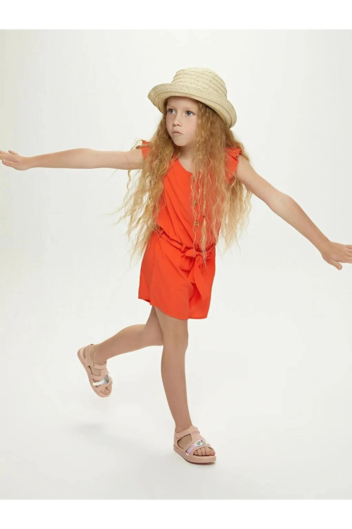 LCW Kids Turuncu Bisiklet Yaka Basic Kısa Kollu Viskon Kız Çocuk Tulum