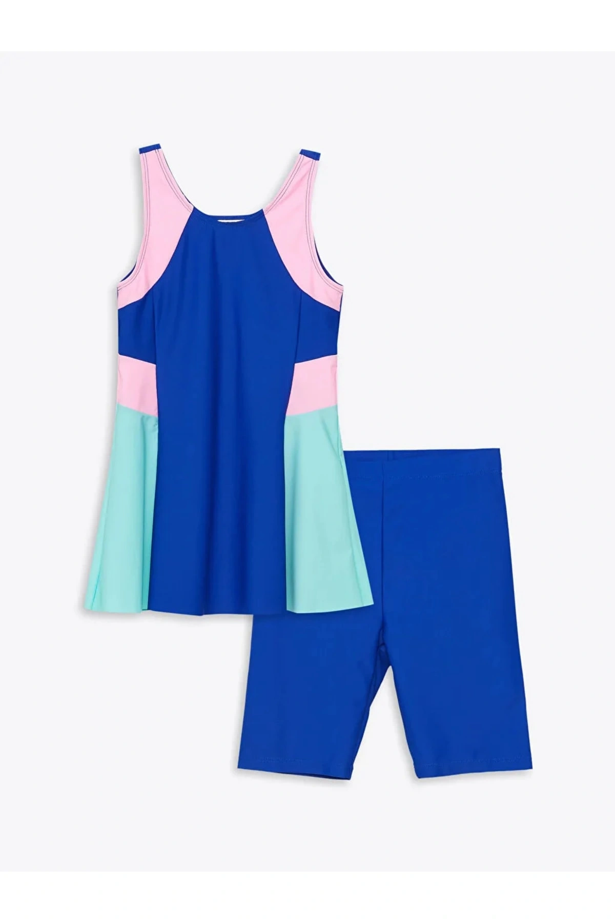 U Yaka Renk Bloklu Kız Çocuk Etekli Mayo Ve Şort
