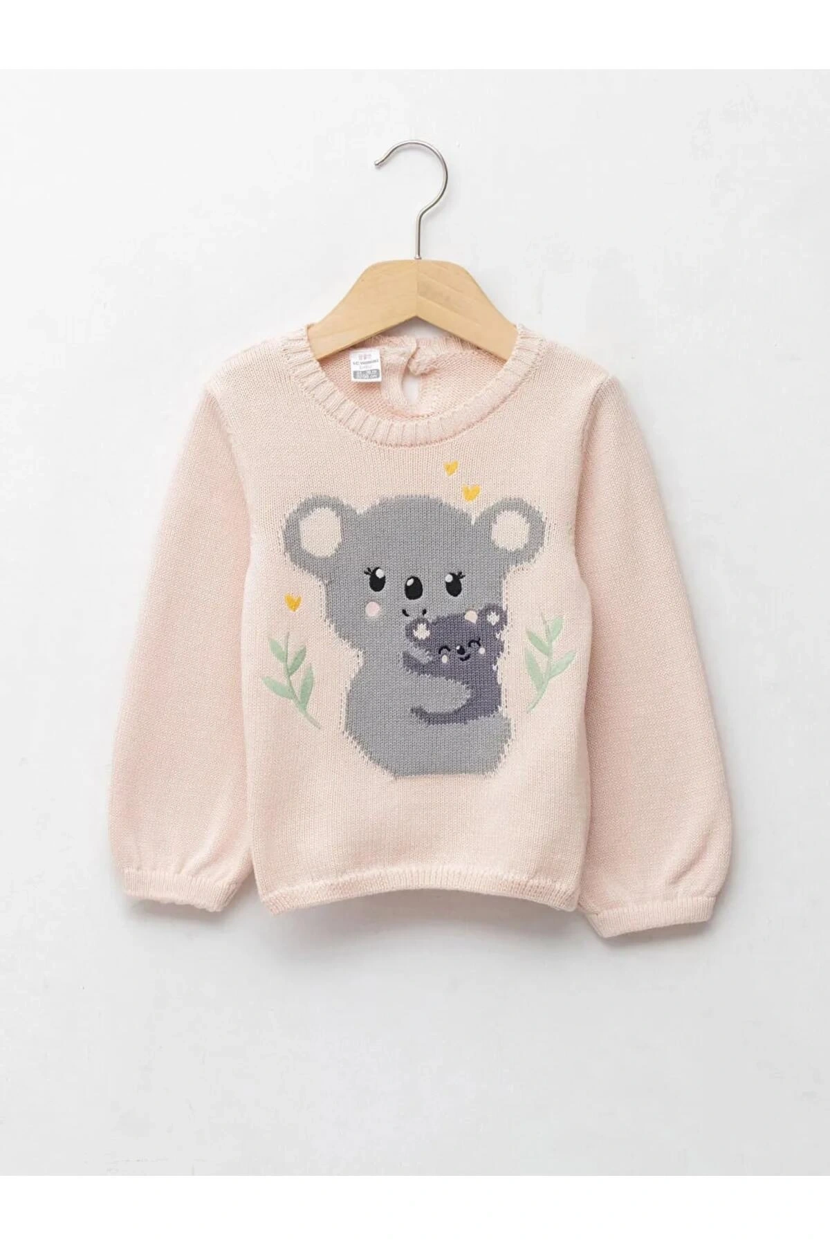 LCW baby Pembe Bisiklet Yaka Uzun Kollu Desenli Kız Bebek Triko Kazak