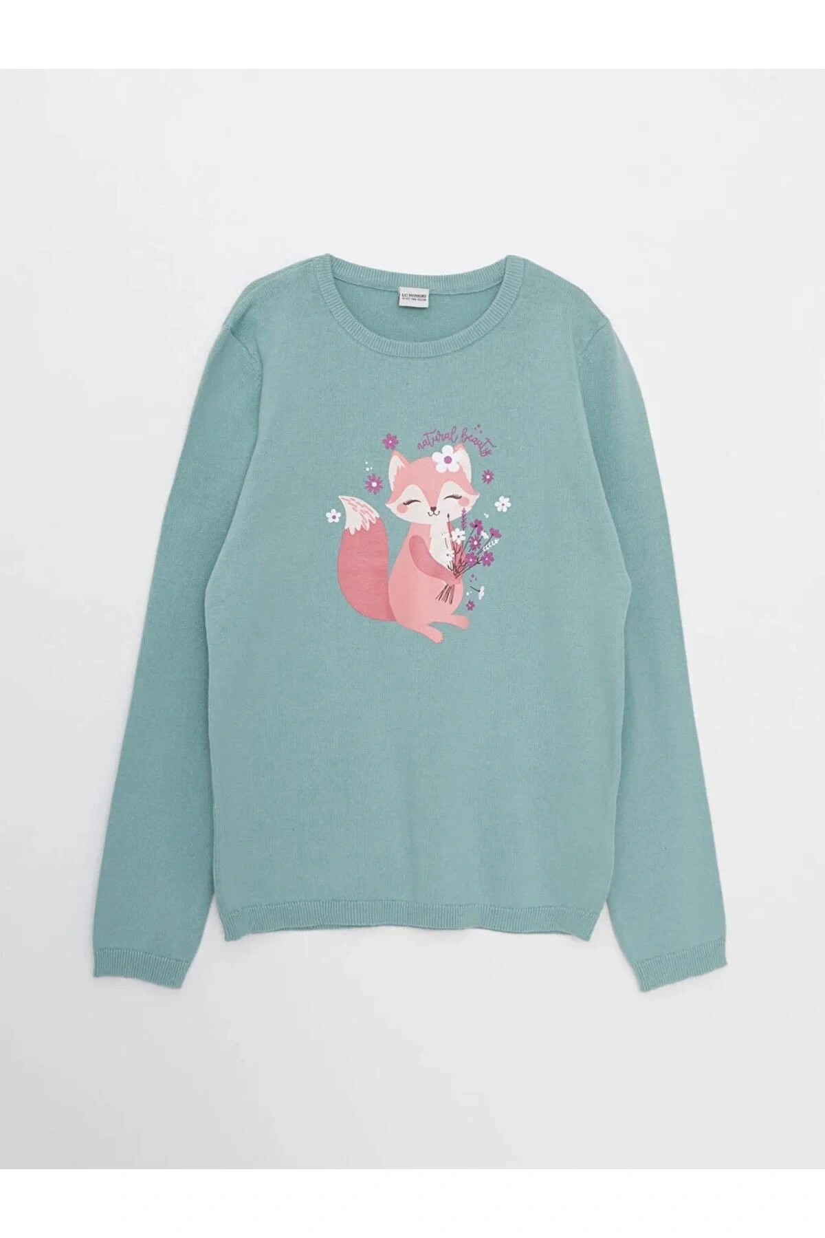 LCW Kids Yeşil Bisiklet Yaka Baskılı Uzun Kollu Kız Çocuk Triko Kazak