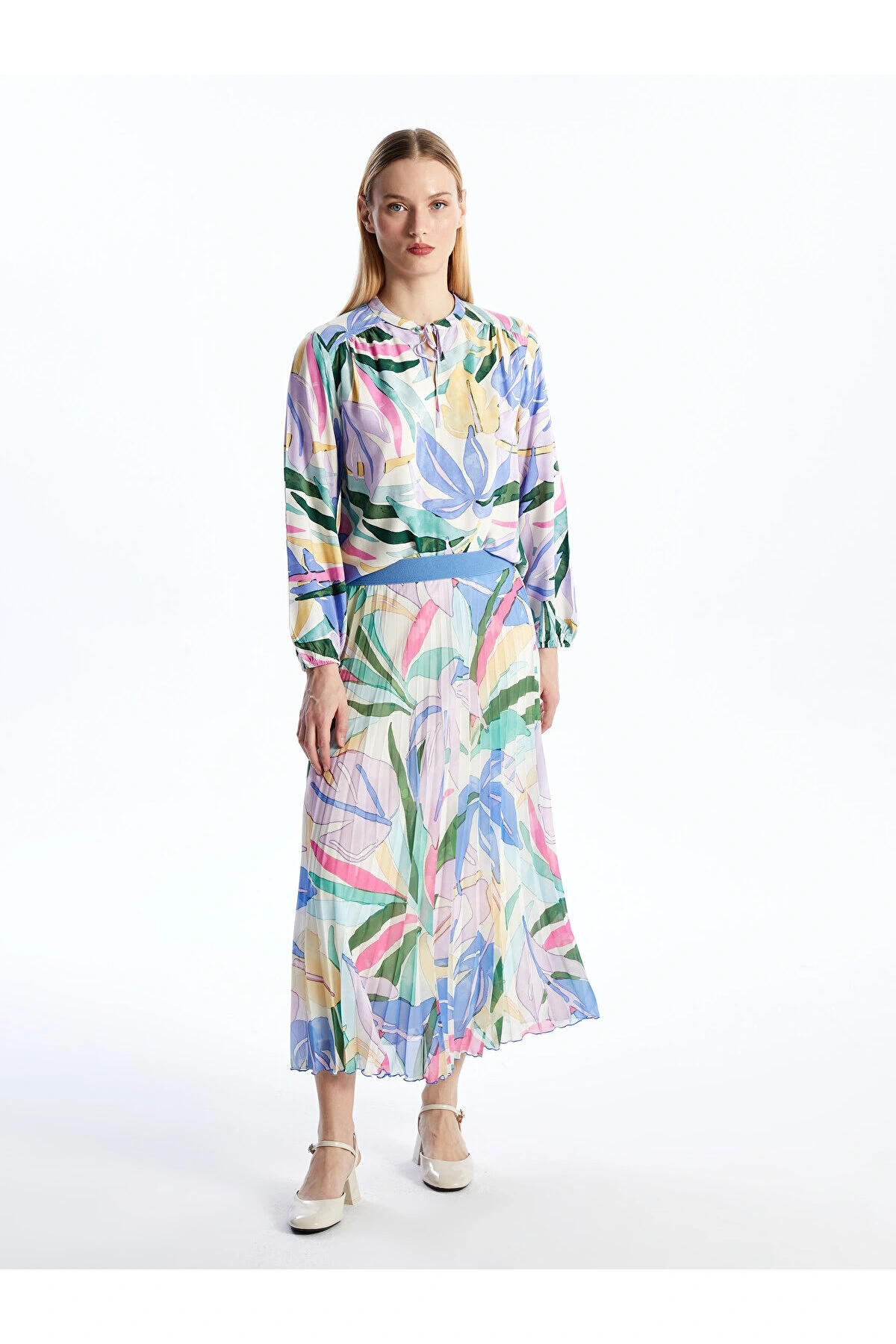 Beli Lastikli Desenli Şifon Kadın Pileli Etek