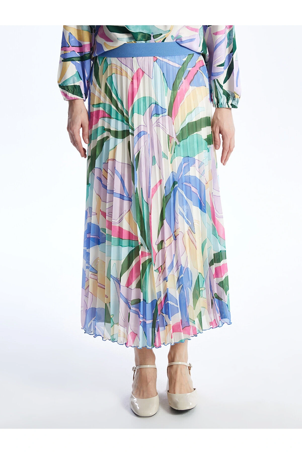 Beli Lastikli Desenli Şifon Kadın Pileli Etek