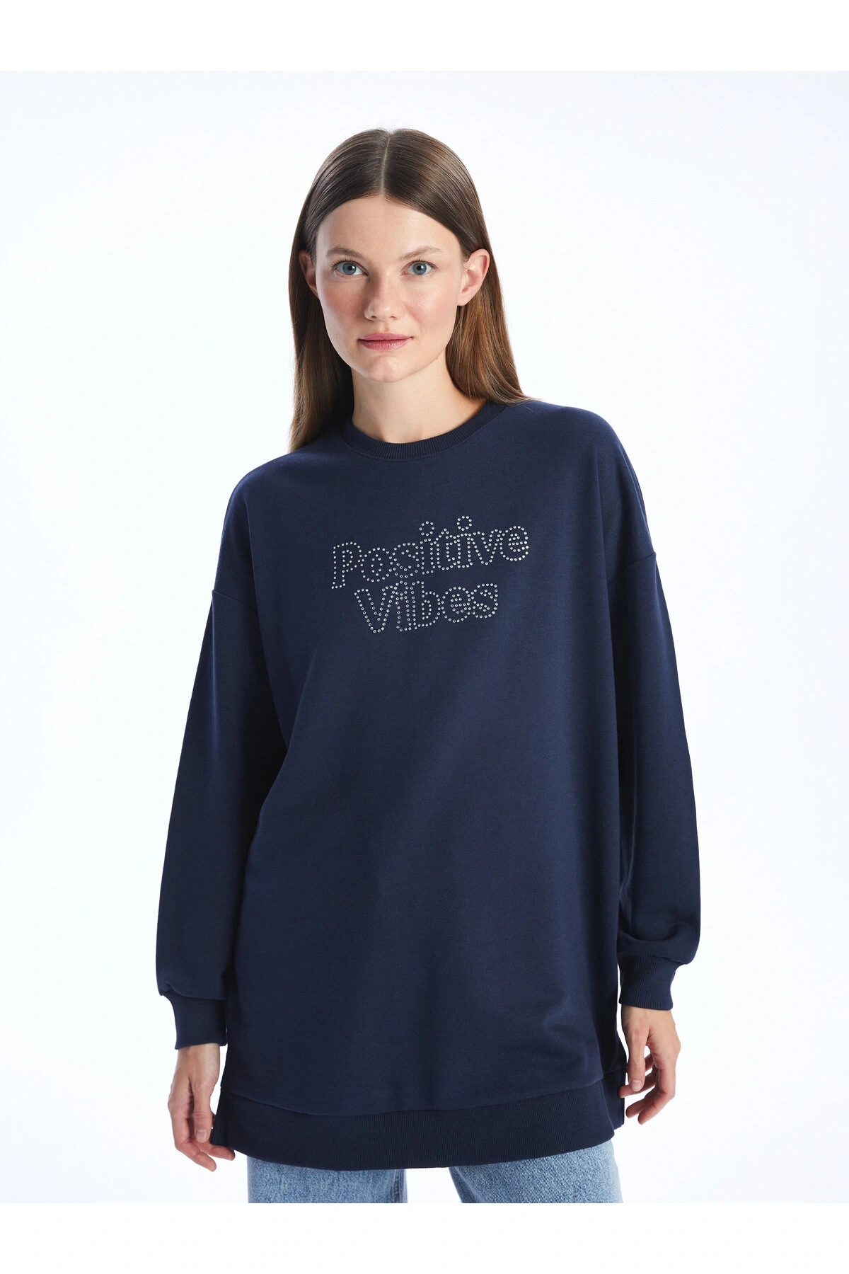 Bisiklet Yaka Taş Baskılı Uzun Kollu Oversize Kadın Sweatshirt Tunik