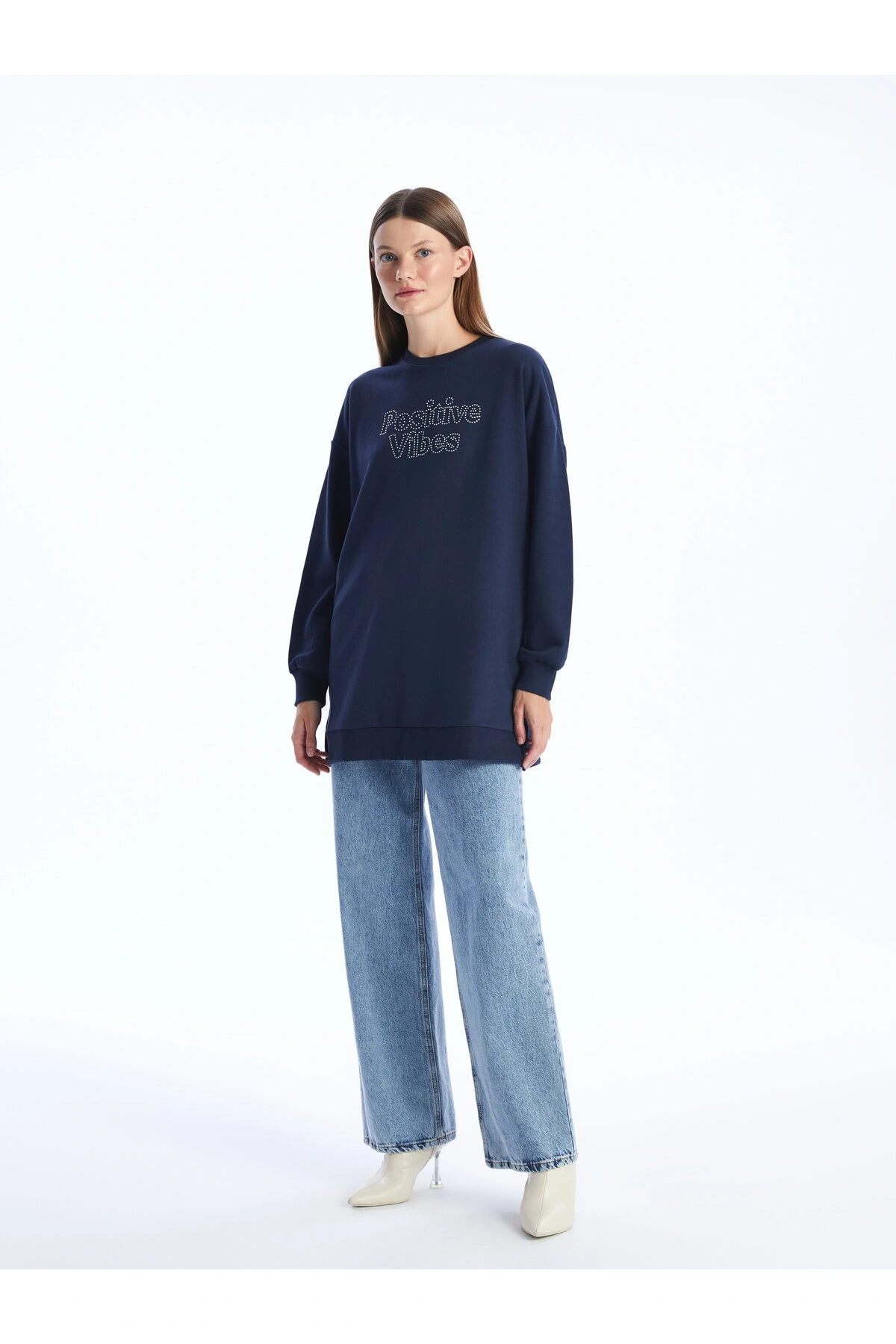 Bisiklet Yaka Taş Baskılı Uzun Kollu Oversize Kadın Sweatshirt Tunik