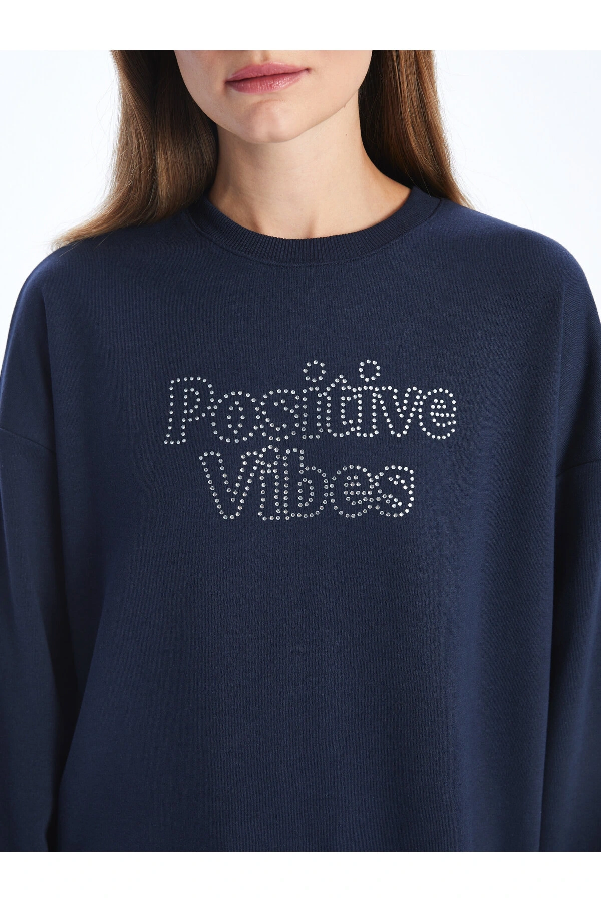 Bisiklet Yaka Taş Baskılı Uzun Kollu Oversize Kadın Sweatshirt Tunik