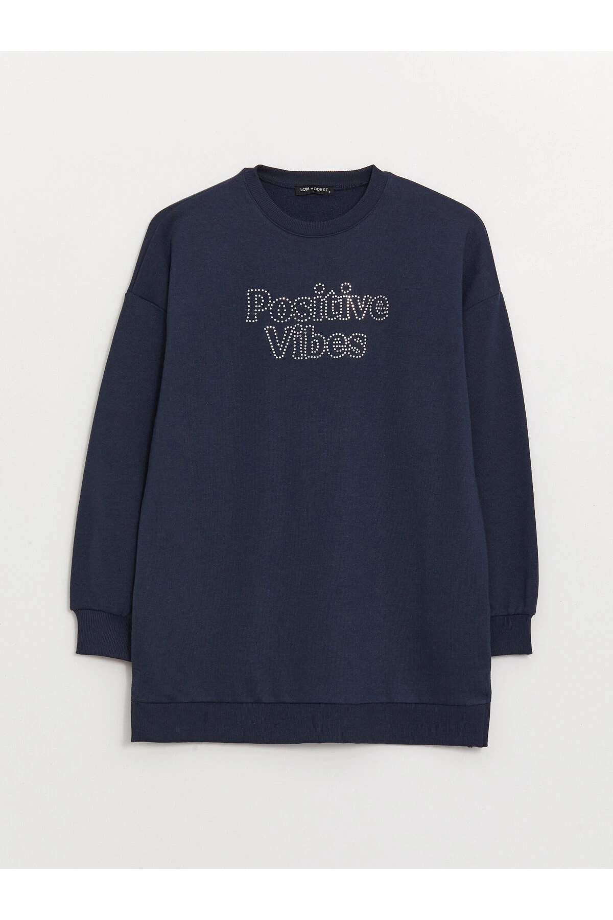 Bisiklet Yaka Taş Baskılı Uzun Kollu Oversize Kadın Sweatshirt Tunik