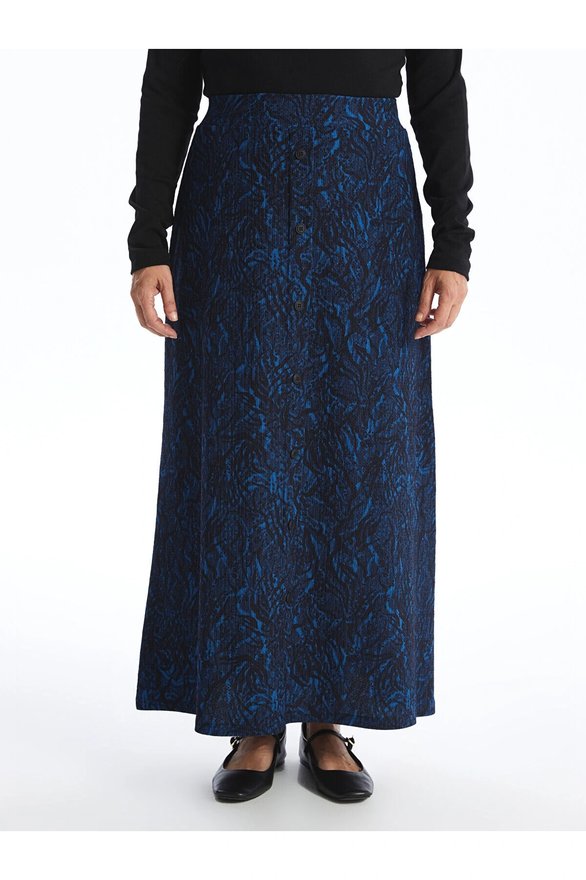 Grace Siyah Beli Lastikli Çiçekli A Kesim Kadın Etek