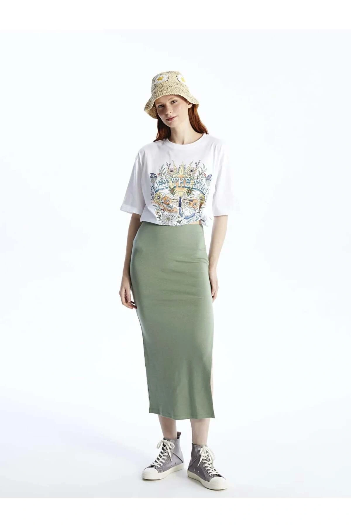 XSIDE Yeşil Kadın Ekstra Dar Fit Düz Etek