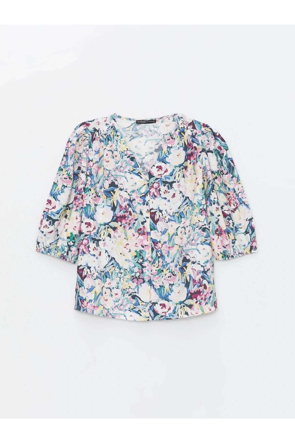 V Yaka Çiçekli Kadın Bluz