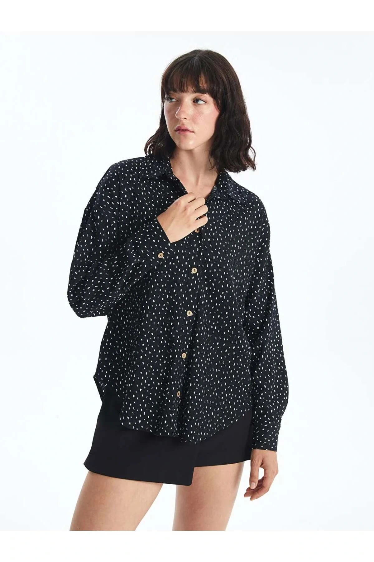 LCW Vision Siyah Desenli Uzun Kollu Oversize Kadın Gömlek