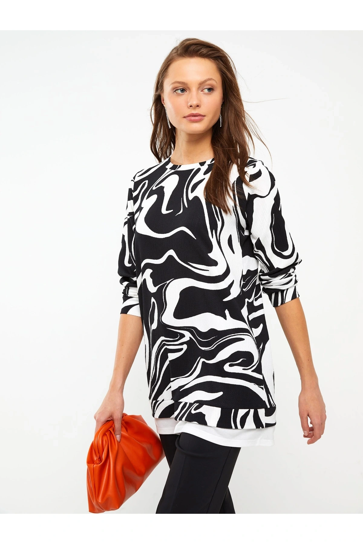 Bisiklet Yaka Baskılı Uzun Kollu Kadın Tunik