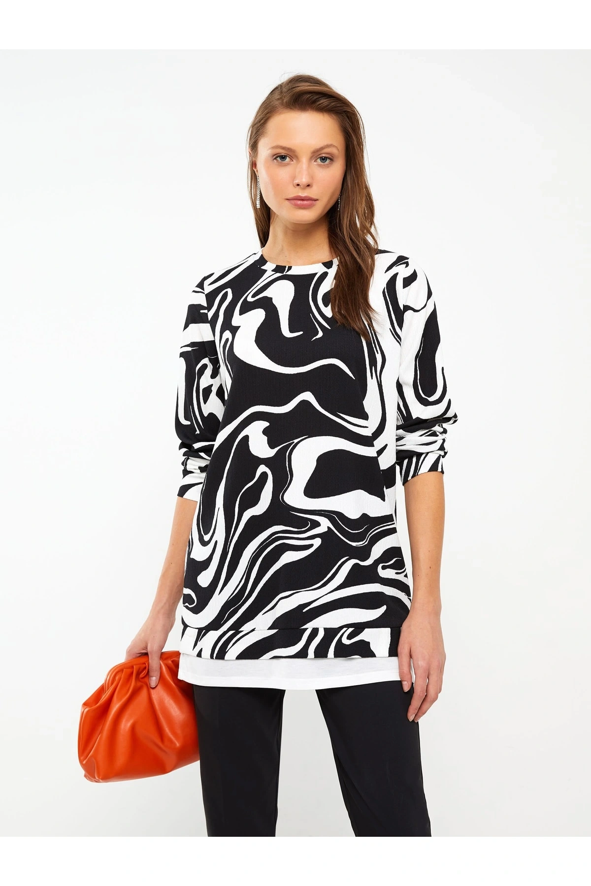Bisiklet Yaka Baskılı Uzun Kollu Kadın Tunik