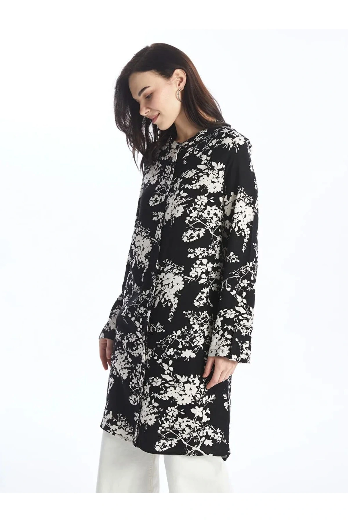 LCW Grace Siyah Bisiklet Yaka Desenli Kadın Gömlek Tunik