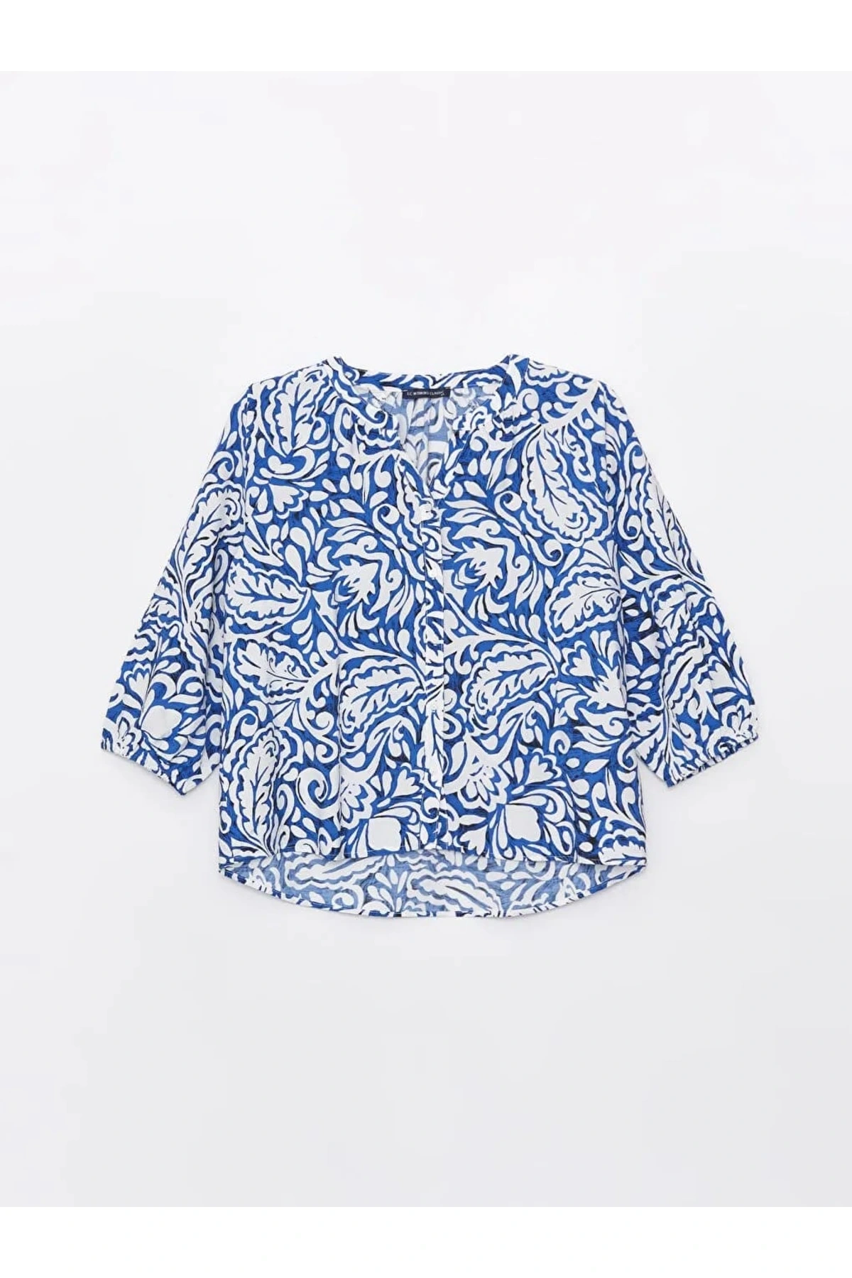 LCWAIKIKI Classic Mavi Kaçık Yaka Desenli Oversize Kadın Bluz