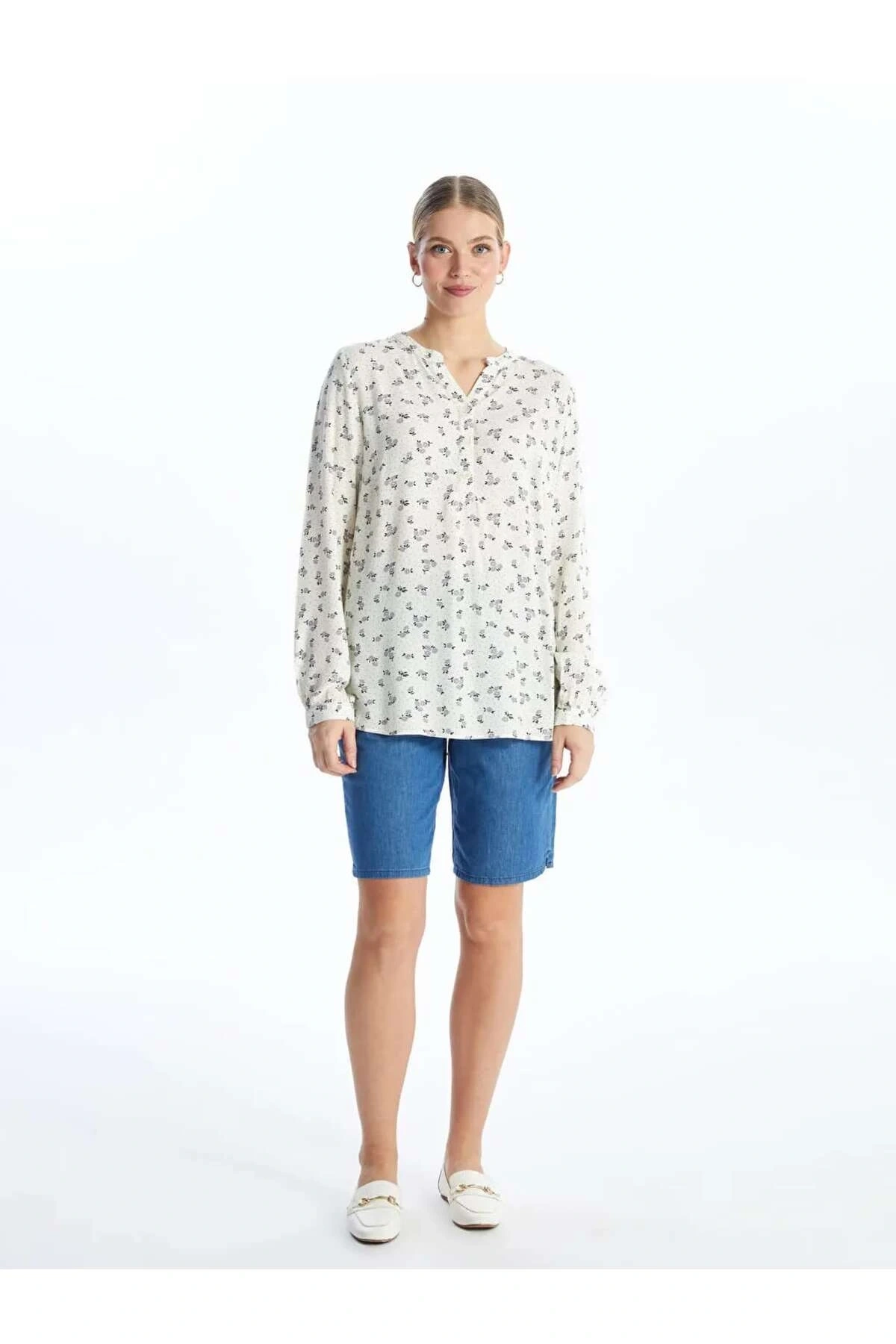 LCW Grace Ekru Kaçık Yaka Desenli Uzun Kollu Kadın Bluz