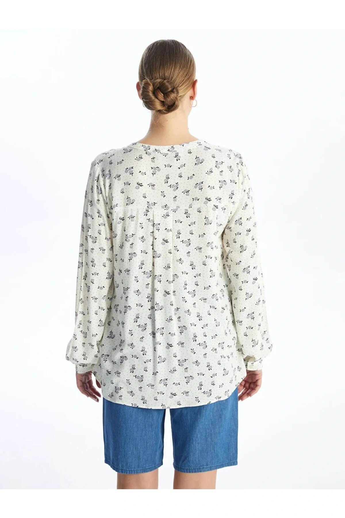 LCW Grace Ekru Kaçık Yaka Desenli Uzun Kollu Kadın Bluz