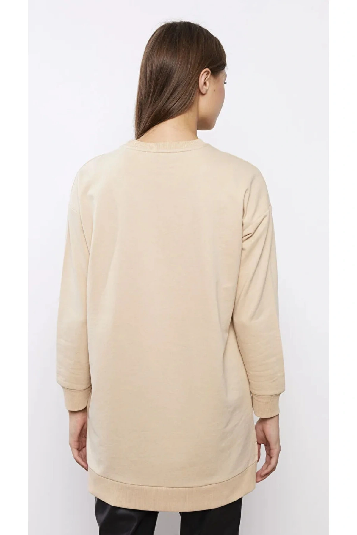 Classic Bisiklet Yaka Nakışlı Uzun Kollu Oversize Kadın Tunik