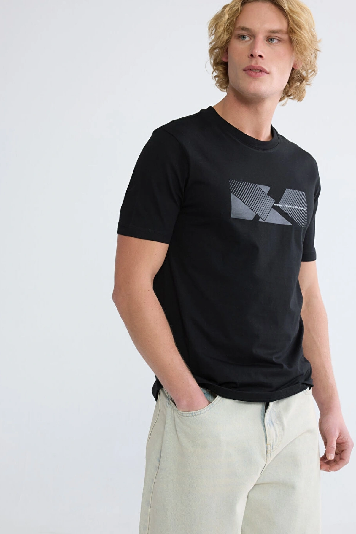 XSIDE Siyah Bisiklet Yaka Baskılı Erkek Tişört