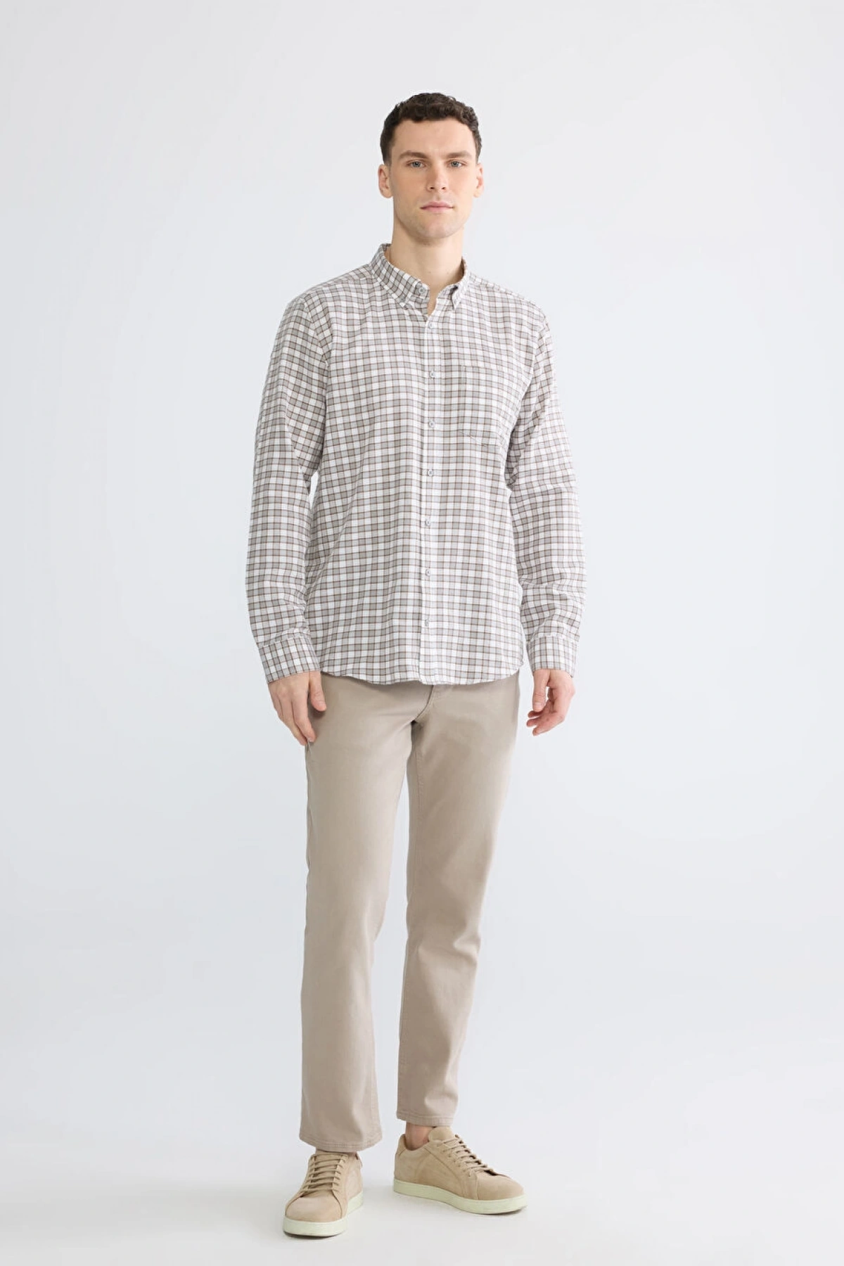 LCWAIKIKI Classic Gri Regular Fit Ekose Gabardin Erkek Gömlek