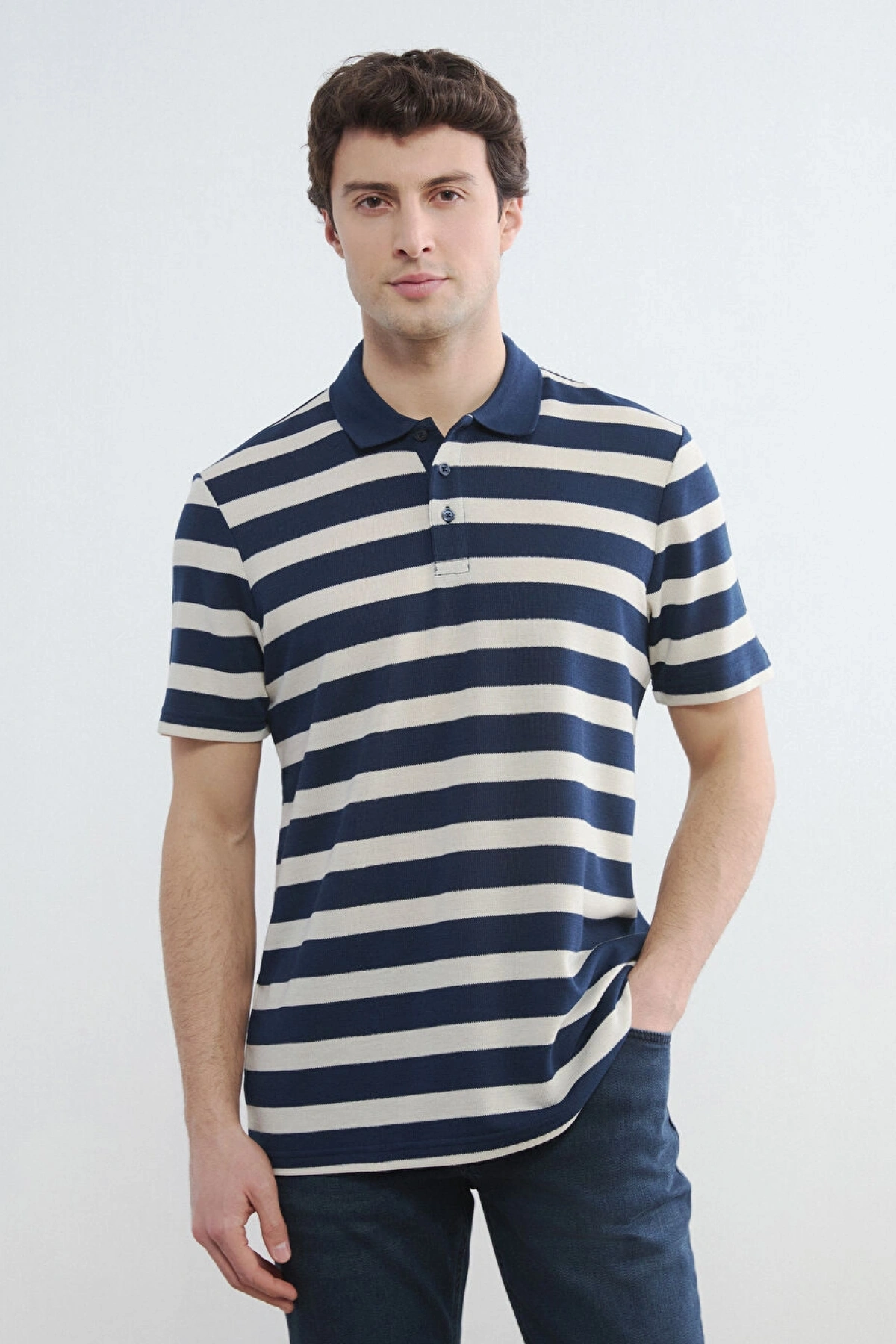 LCWAIKIKI Classic Lacivert Polo Yaka Çizgili Erkek Tişört