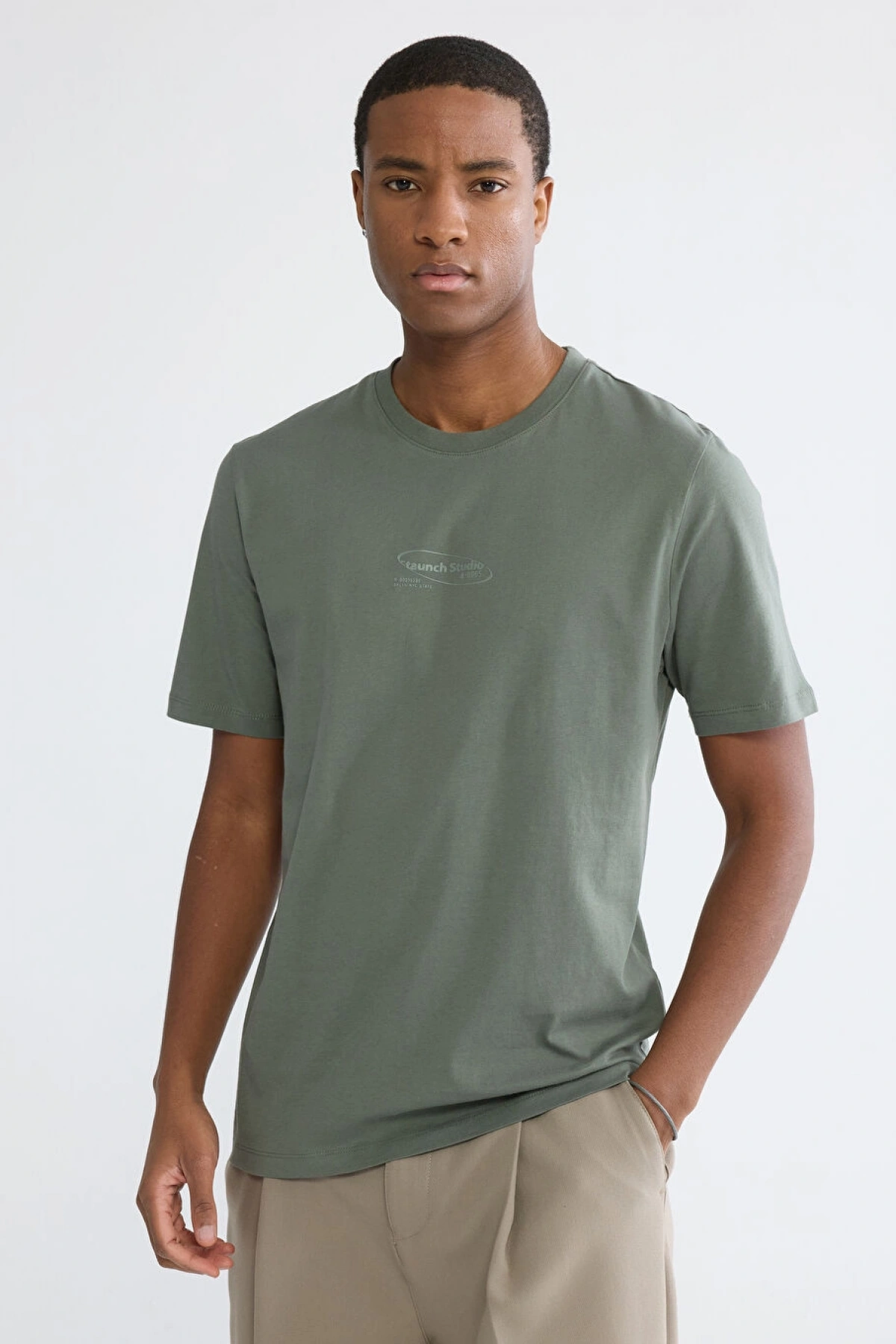 XSIDE Haki Bisiklet Yaka Baskılı Penye Erkek Tişört