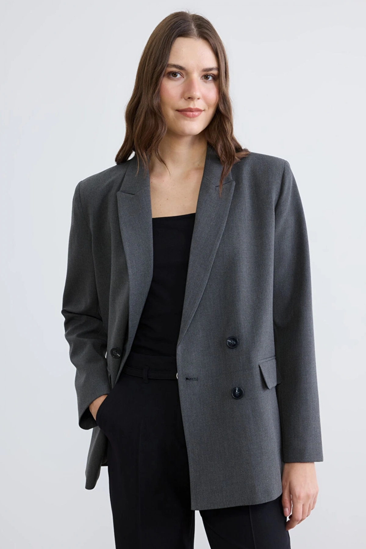 LCWAIKIKI Classic Gri Kruvaze Yaka Kadın Blazer Ceket