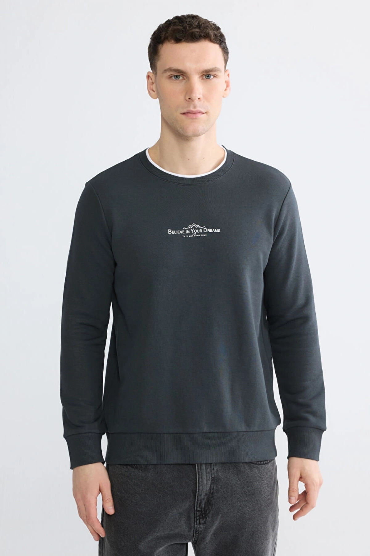 LCWAIKIKI Classic Antrasit Bisiklet Yaka Baskılı Erkek Sweatshirt