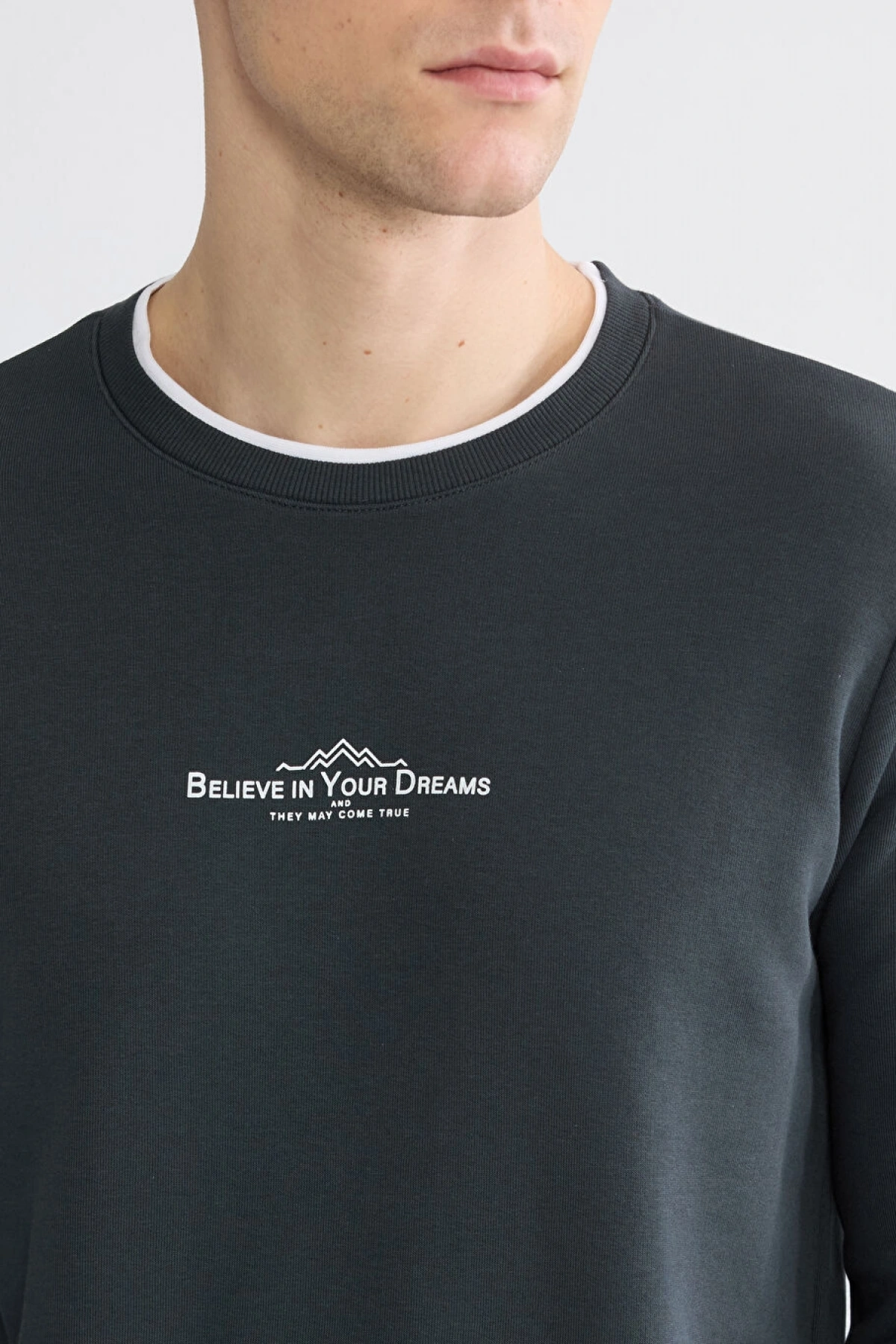 LCWAIKIKI Classic Antrasit Bisiklet Yaka Baskılı Erkek Sweatshirt