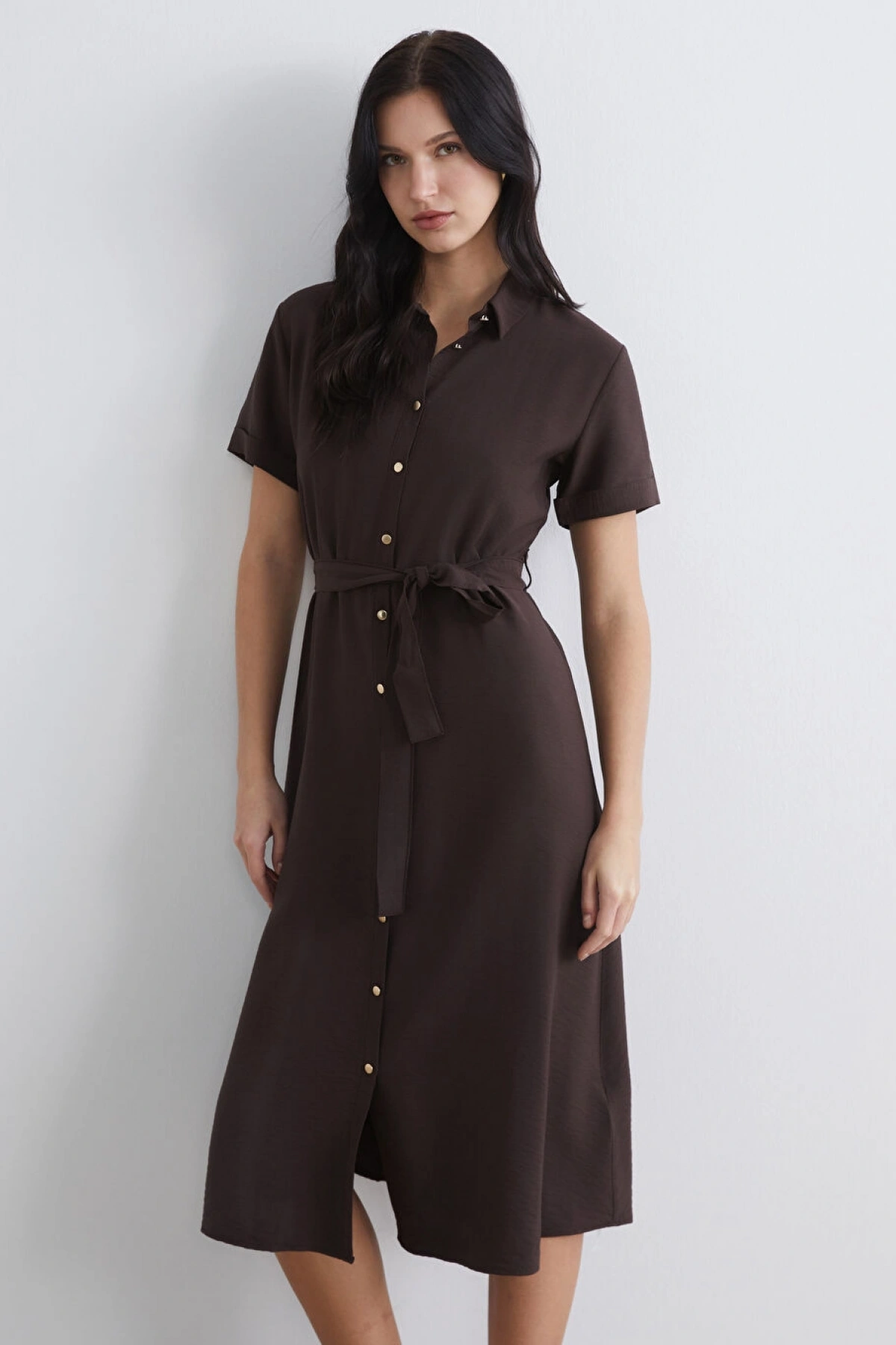 LCW Comfort Kahverengi Beli Kuşaklı Gömlek Elbise