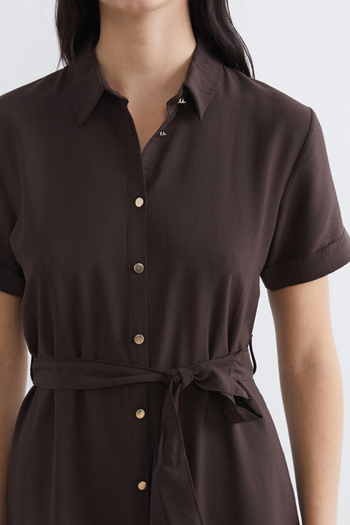 LCW Comfort Kahverengi Beli Kuşaklı Gömlek Elbise