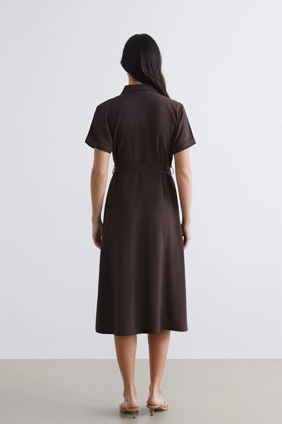 LCW Comfort Kahverengi Beli Kuşaklı Gömlek Elbise