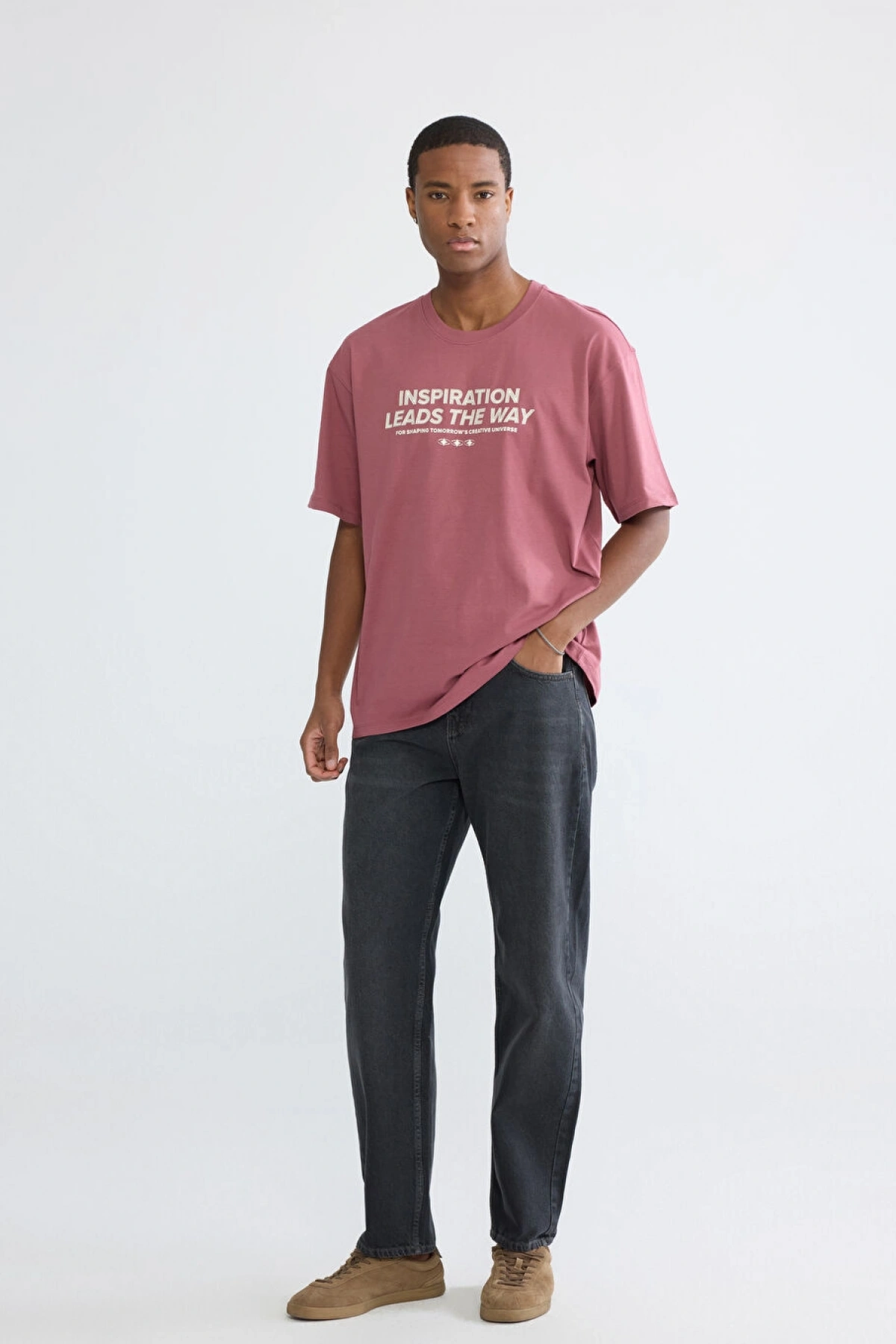 XSIDE Pembe Bisiklet Yaka Baskılı Erkek Tişört