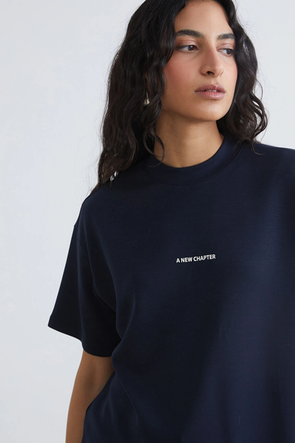 LCW Modest Lacivert Bisiklet Yaka Baskılı Kadın Tişört