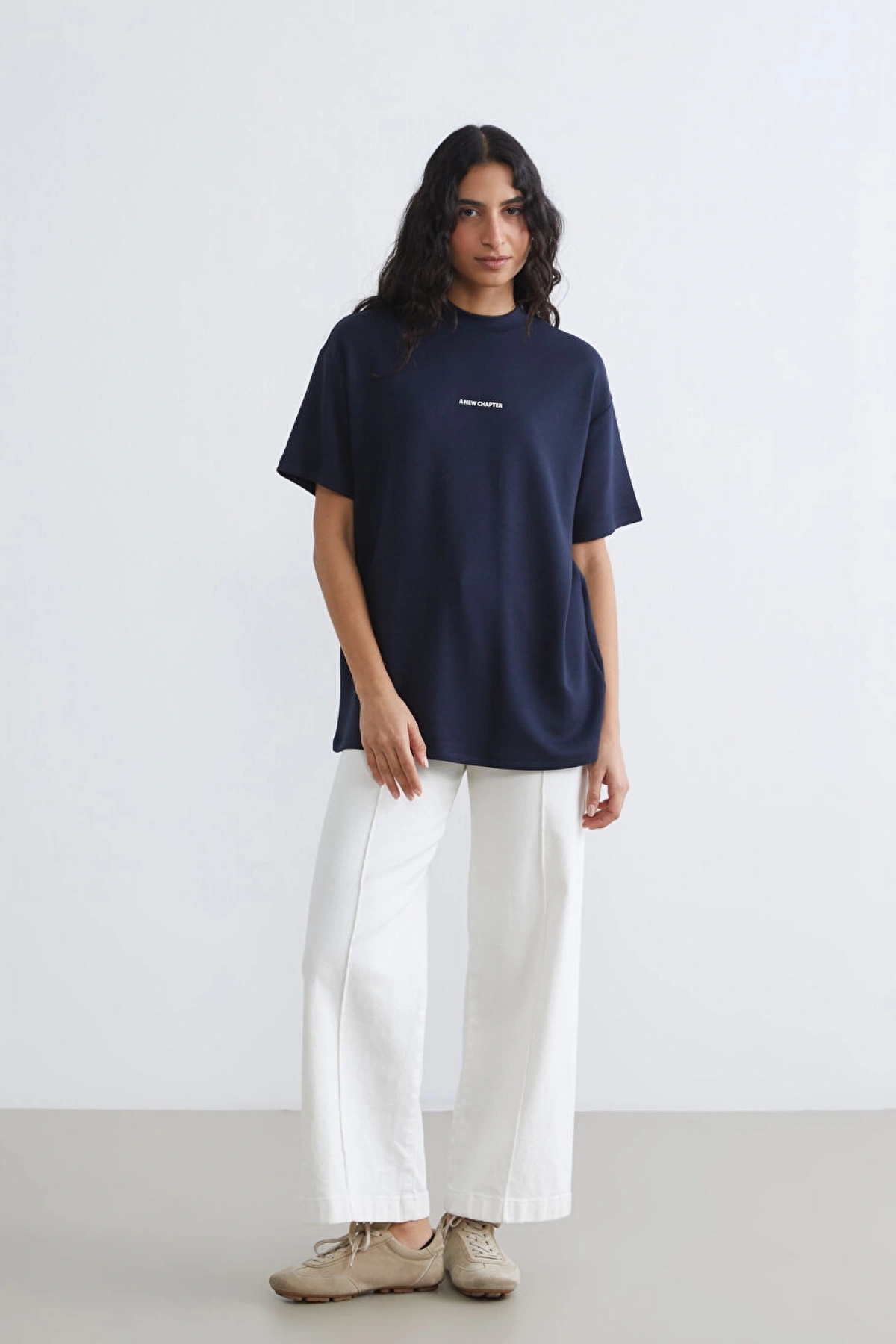 LCW Modest Lacivert Bisiklet Yaka Baskılı Kadın Tişört