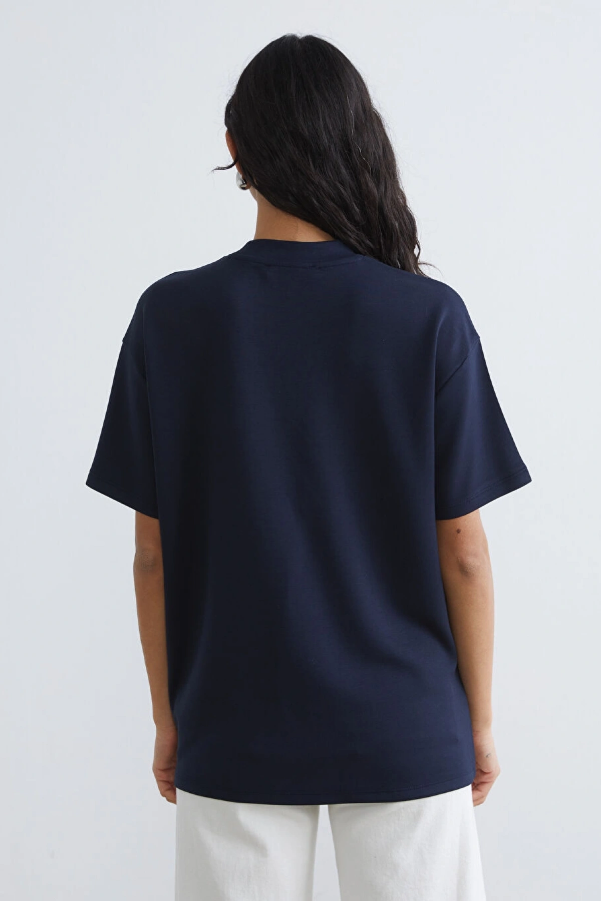 LCW Modest Lacivert Bisiklet Yaka Baskılı Kadın Tişört