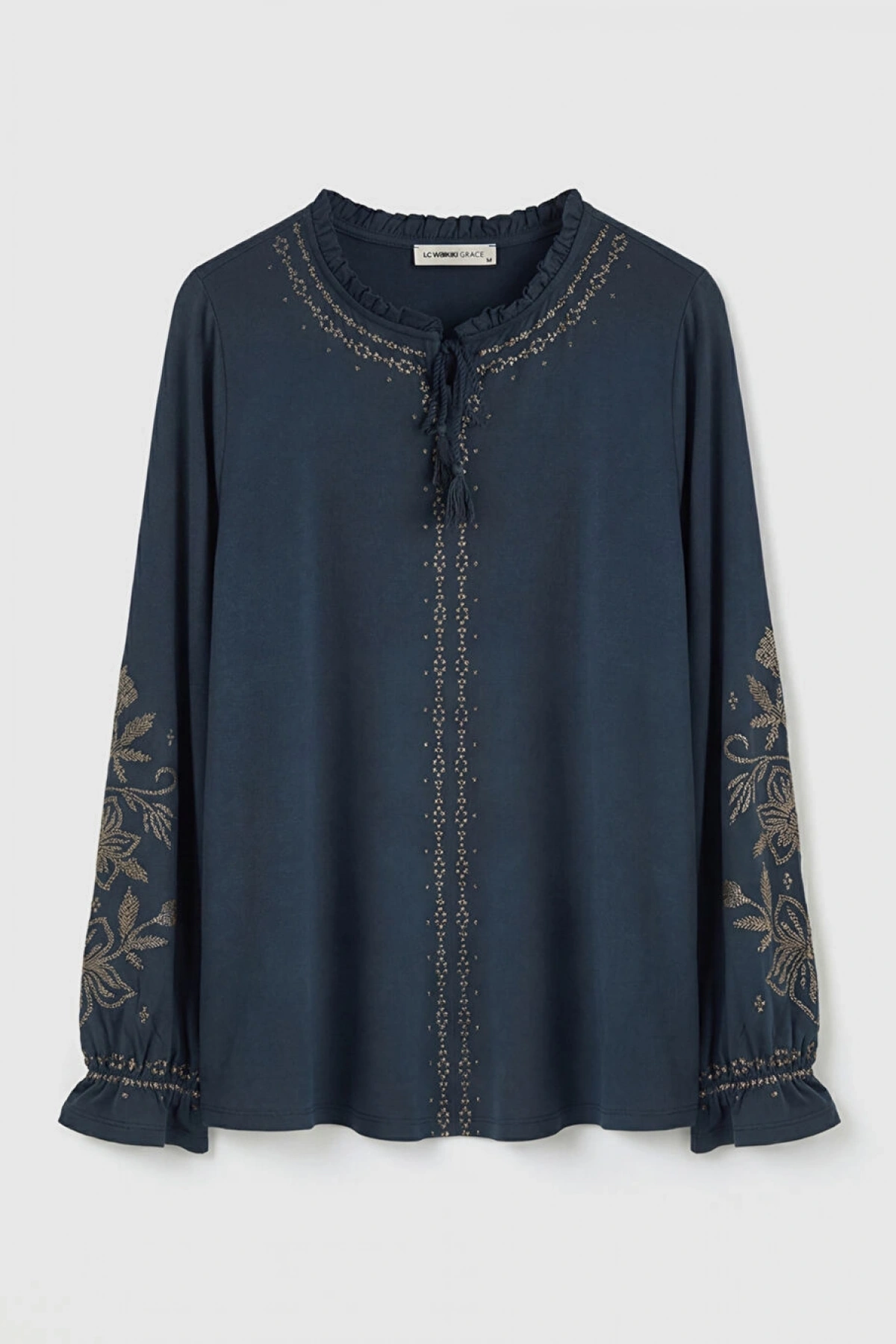 LCW Grace Lacivert Bağlama Yaka Fırfırlı Desenli Bluz
