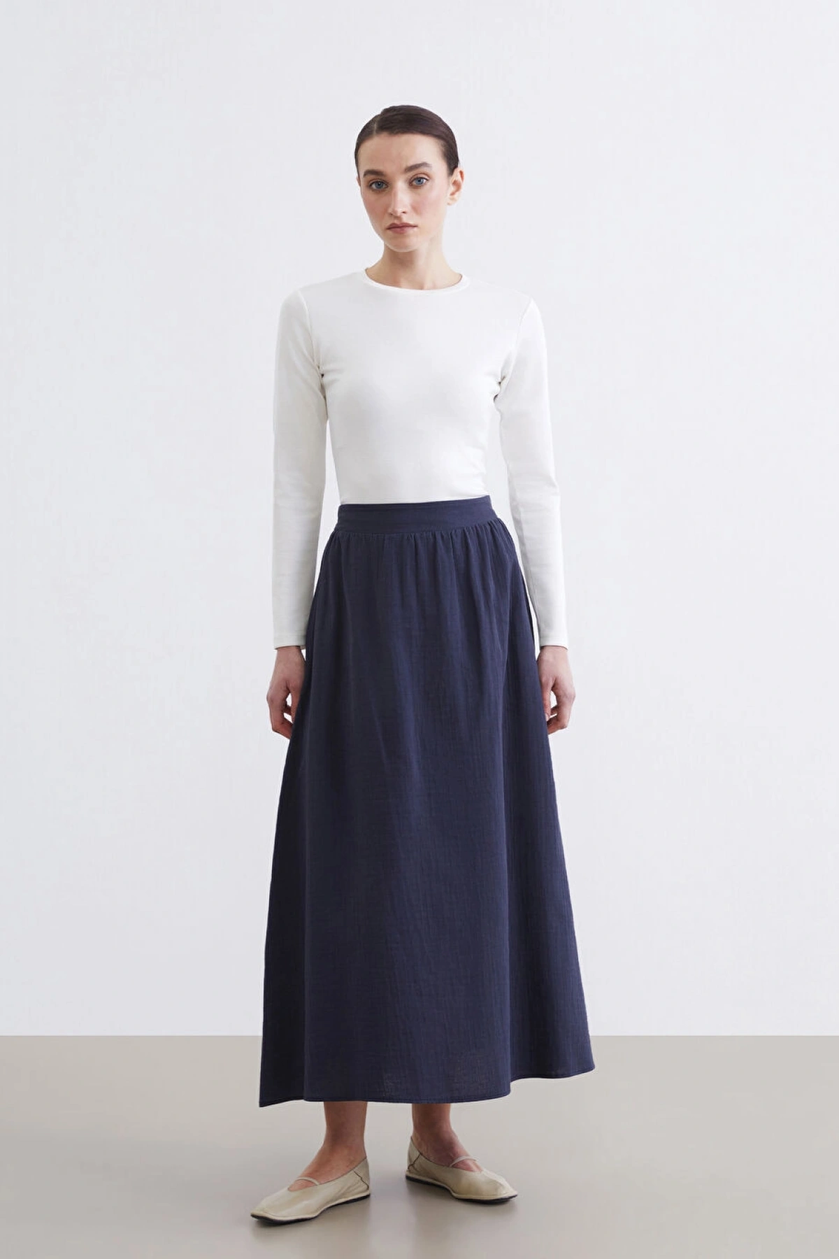 LCW Modest Lacivert Beli Lastikli Dokulu Kloş Etek