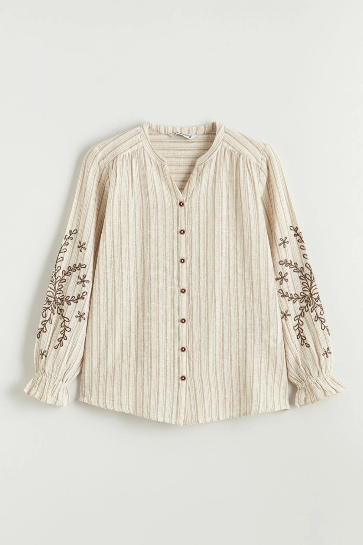 LCW Grace Kahverengi Kaçık Yaka Çizgili Keten Karışımlı Kadın Gömlek